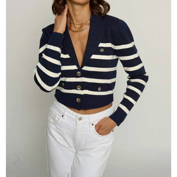 CENTRAL PARK WEST Jackets & Blazers - NEW CENTRAL PARK WEST stripe v-neck knit blazer in navy